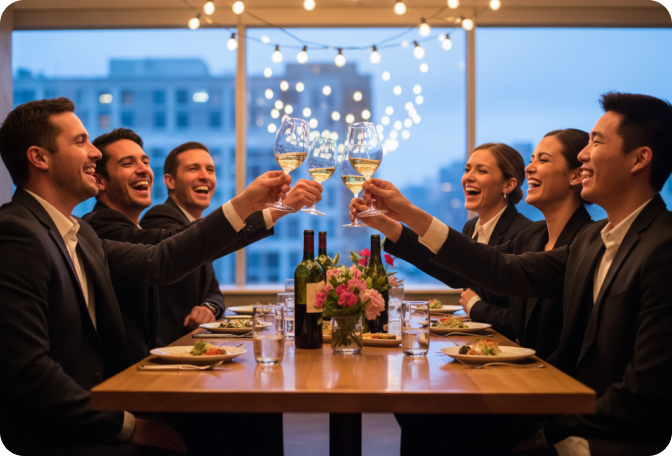 Team toasting at dinner