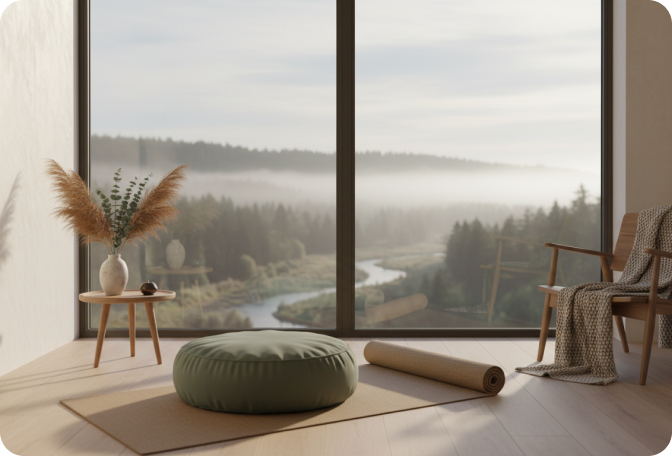 A calm wellness space looking out over a forest